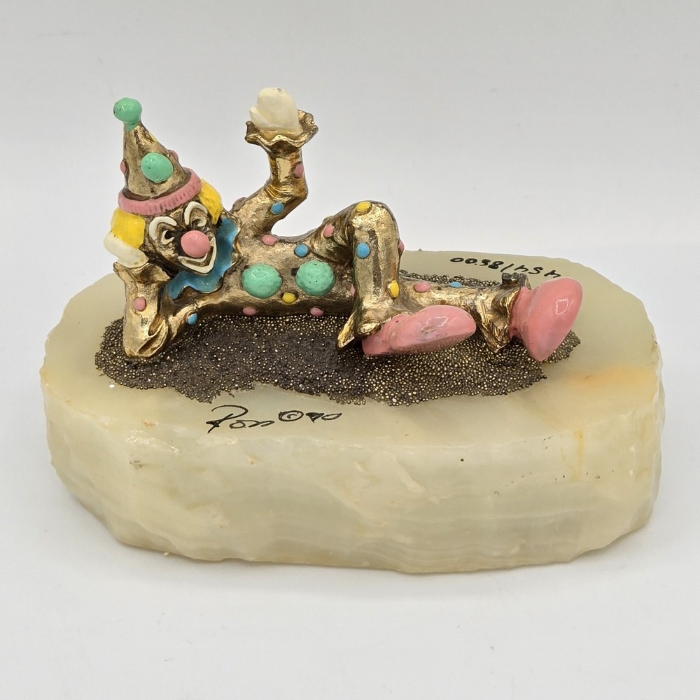 Ron Lee Sculpture Pinky Lying Down Clown Marble Base Signed‎ Vintage Gold Plated